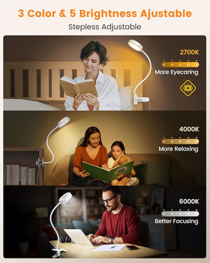 Glocusent 72 LED Clip on Lamp with Remote, Reading Light with Amber Ring, 3 Colors & 5 Dimmable Bed Lamp, 30/60-Min Auto Off Timer, Clamp Light for Headboard/Dorm/Bunk (Black)