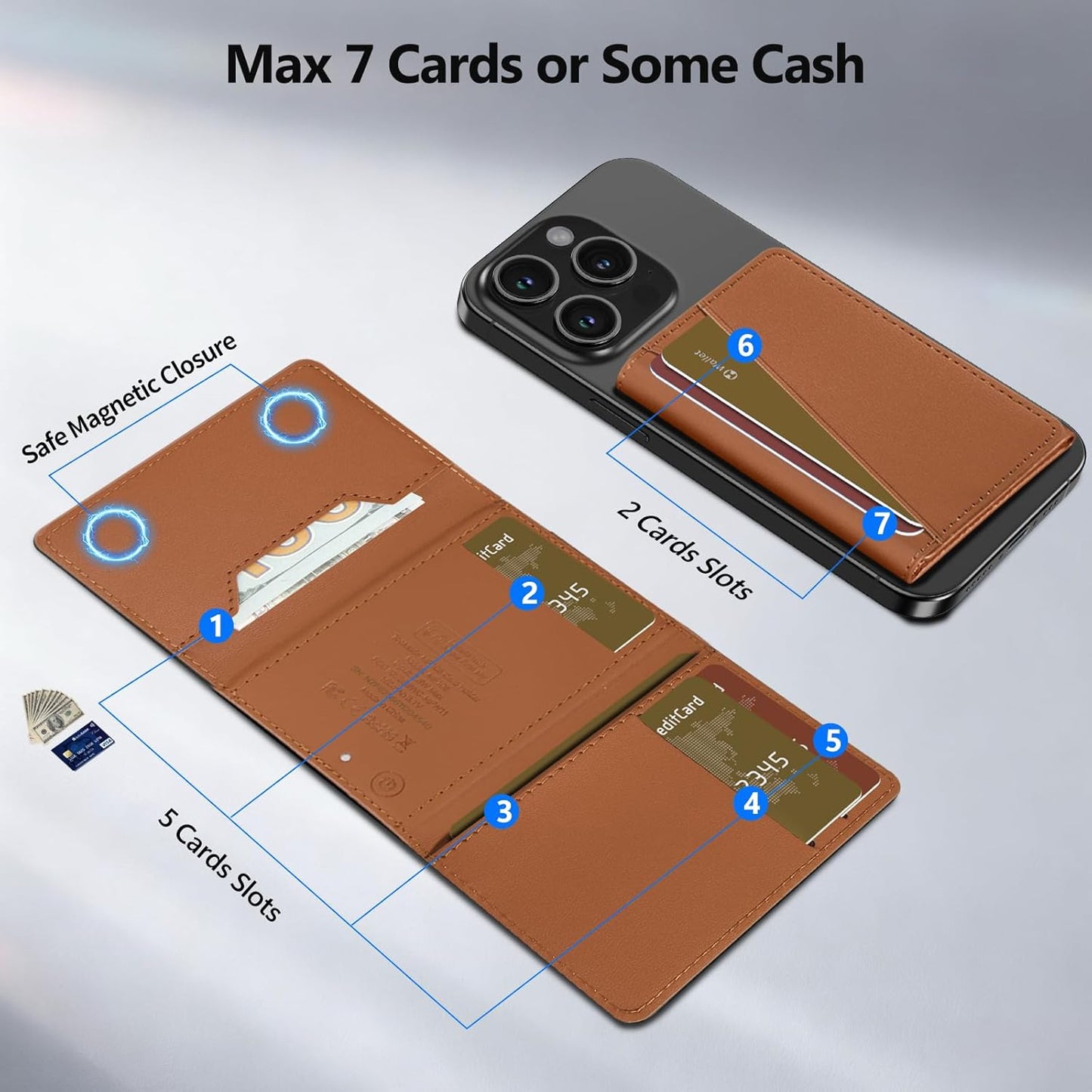 TopMade for Magsafe Wallet, Works with Apple Find My, Strongest Magnetic Wallet for iPhone 17/16/15/14/13/12 Series, Leather Magnetic Card Holder with Tracker, 7 Cards Holder, RFID Blocking, Black