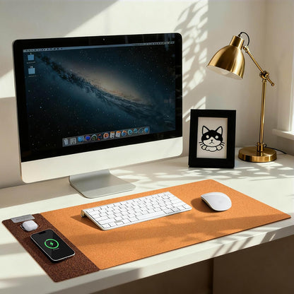 3-in-1 Eco Cork Wireless Charging Mouse Pad, Dual-Sided Fast Charge Mouse Mat, Extra Large Waterproof Office & Makeup Desk Protector, Qi-Certified Desk Pad for iPhone/Samsung/AirPods