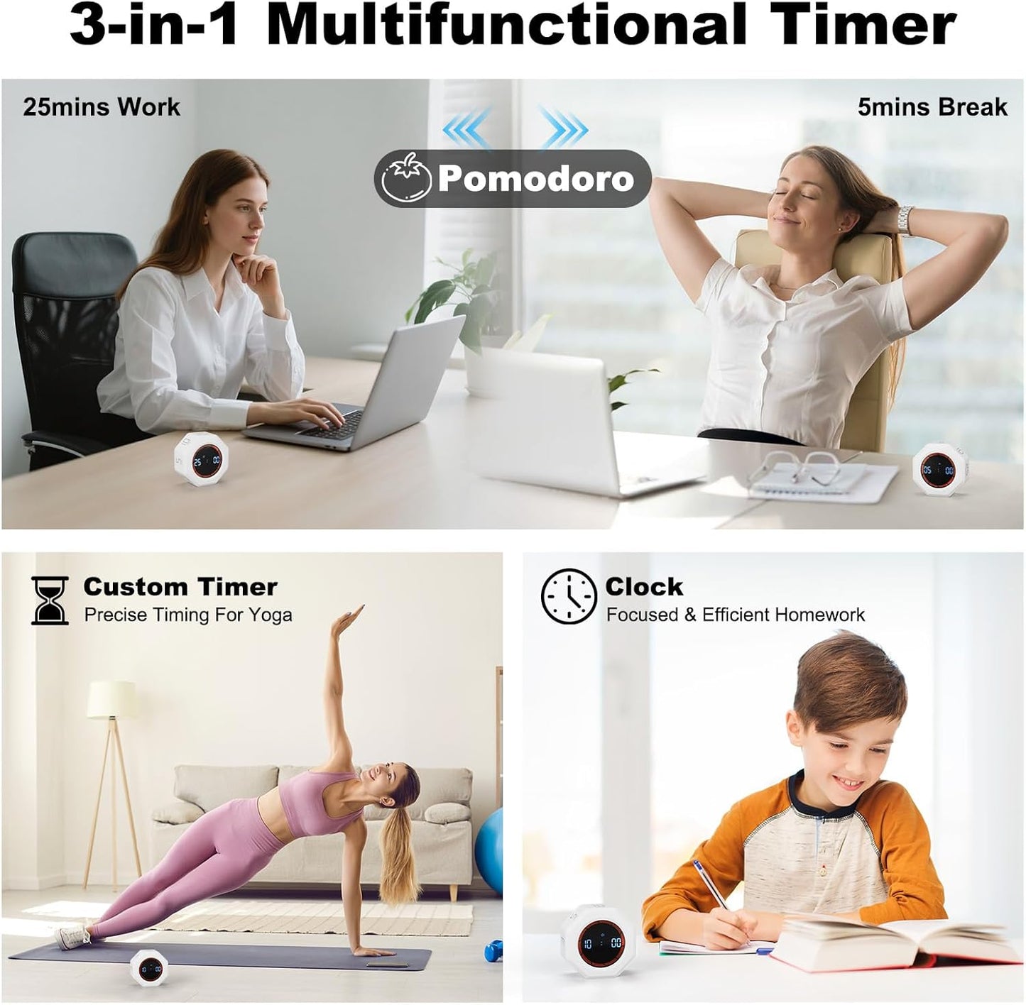 Small Productivity Timer - Pomodoro Timer with 3/5/10/25/60 Min Presets & Custom Countdown | Magnetic Rechargeable Digital Clock for Desk, Study and Games (White)