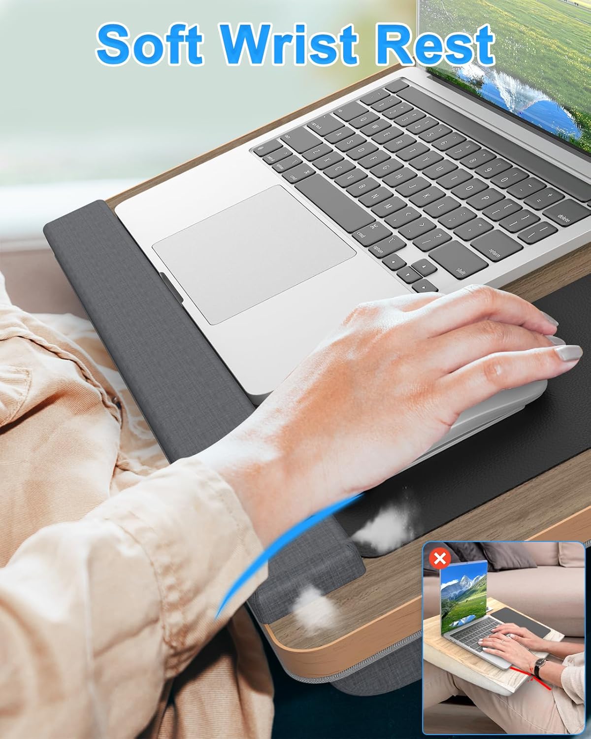 HETTHI Laptop Lap Desk, Portable Large Laptop Desk for Bed, Up to 17 Inch Lap Pad Tray with Wrist Rest, Mouse Pad, Tablet Phone Slot, Portable Handle, Cushion (Black)