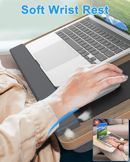 HETTHI Laptop Lap Desk, Portable Large Laptop Desk for Bed, Up to 17 Inch Lap Pad Tray with Wrist Rest, Mouse Pad, Tablet Phone Slot, Portable Handle, Cushion (Black)