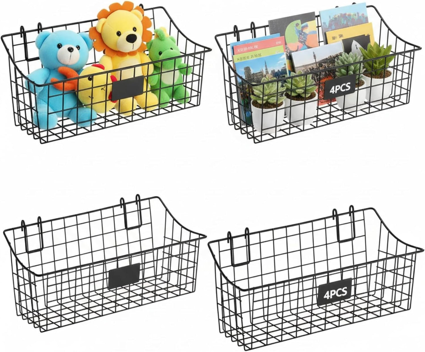 4 Pack Black Grid Wall Baskets, 12 x 6 x 5.1 Inch Metal Wire Wall Basket with Hooks Label Hanging Basket Accessory for Vendor Trade Shows, Kitchen, Bathroom, Pantry Storage