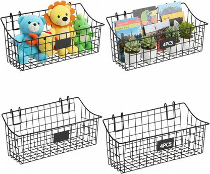 4 Pack Black Grid Wall Baskets, 12 x 6 x 5.1 Inch Metal Wire Wall Basket with Hooks Label Hanging Basket Accessory for Vendor Trade Shows, Kitchen, Bathroom, Pantry Storage