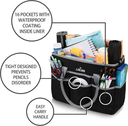 Jjring Craft and Art Organizer Tote Bag - 600D Silver Nylon Fabric Art Caddy with Pockets - for Art, Craft, Sewing, Medical, and Office Supplies Storage