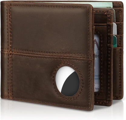 Mens Wallet With AirTag Holder, Bifold Leather RFID Blocking 1-2 ID Windows 12-13 Card Holders, Gift Box and Screen Protector Included, AirTag Not Included