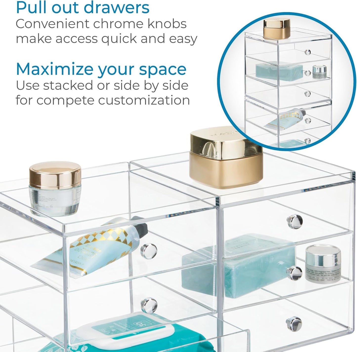 iDesign 3-Drawer Stackable Makeup Organizer - Small Clear Plastic Storage Drawers for Bathroom, Vanity, or Desk