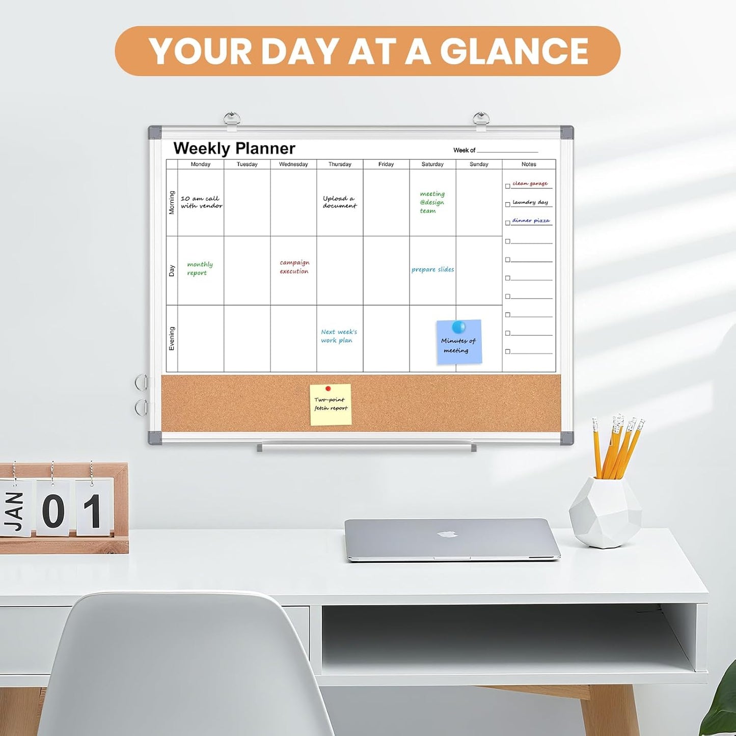 Weekly Dry Erase Calendar Whiteboard for Wall, 24" x 18" Double-Sided Weekly Planner White Board Cork Combo, Hanging & Wall Mount Week Bulletin Board with Notes for Home, Office, School, Kitchen