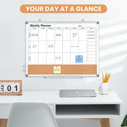 Weekly Dry Erase Calendar Whiteboard for Wall, 24" x 18" Double-Sided Weekly Planner White Board Cork Combo, Hanging & Wall Mount Week Bulletin Board with Notes for Home, Office, School, Kitchen