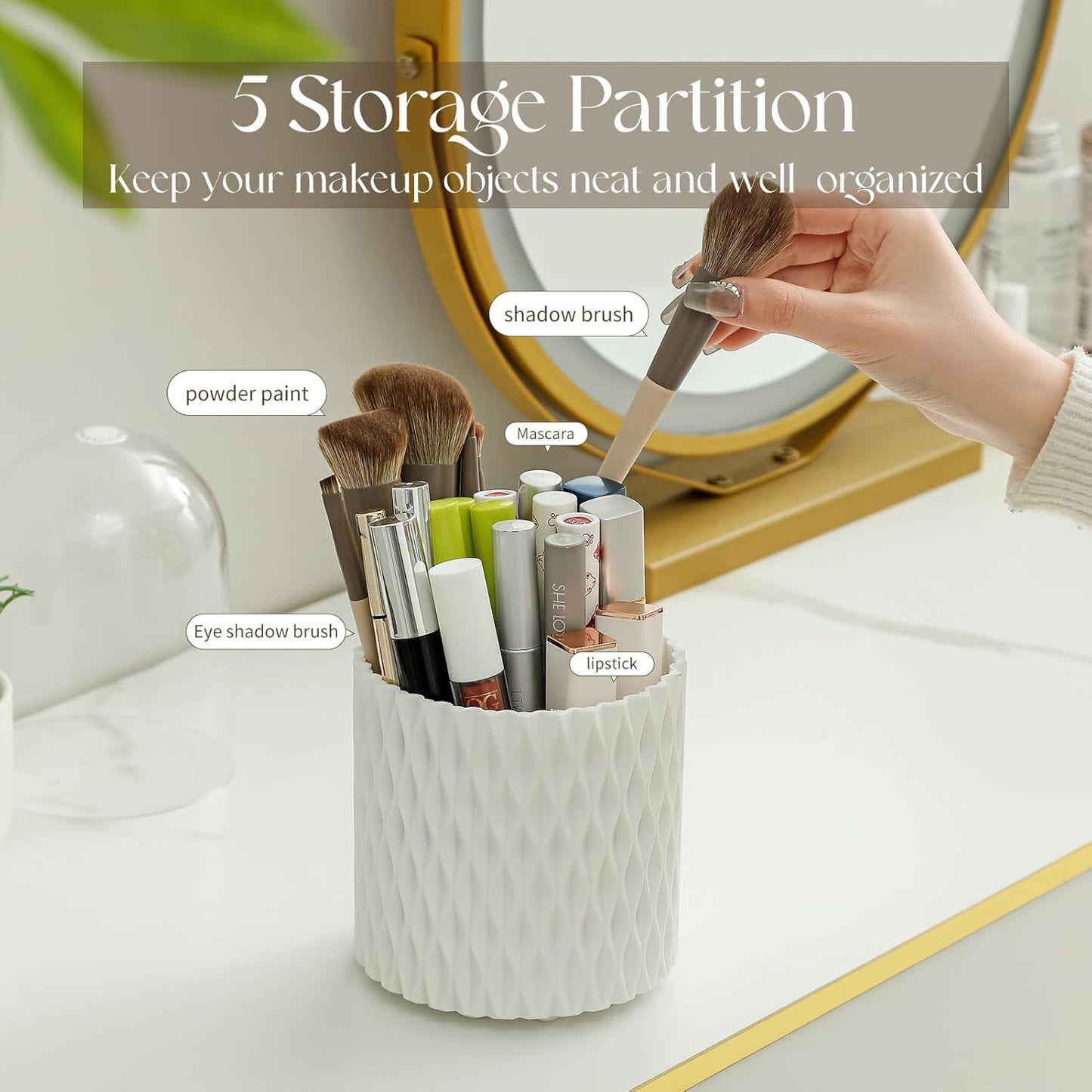Makeup Brush Holder Organizer, 360° Rotating 5-Slot Make up Brushes Cup for Cosmetic, Lipstick, Hair Brush Holder - Spinning Vanity Countertop Caddy for Bathroom, Dorm & Office, Black