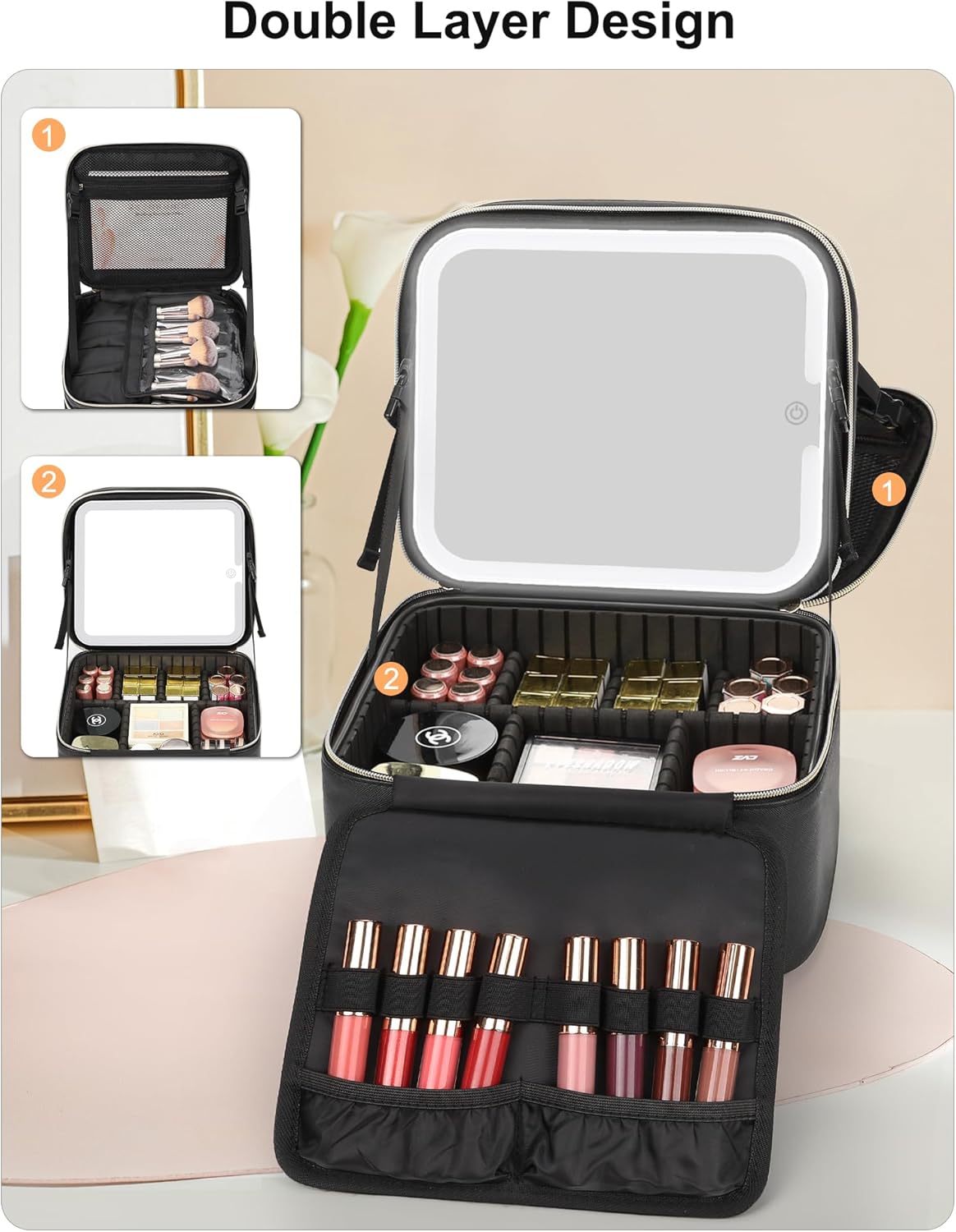 Relavel Travel Makeup Bag With LED Mirror, Cosmetic Train Case with Light up Mirror, Portable Makeup Artist Organizer Bag with Adjustable Dividers, Makeup Brush Holder Storage, Black