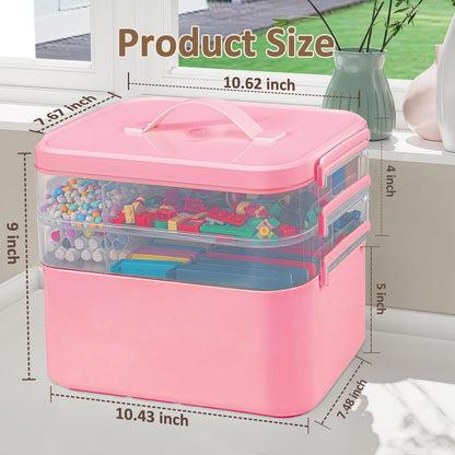 3-Layer Plastic Craft Organizers and Storage Box with Removable Trays, Storage Containers with lids and Handle, Art Supply Storage Organizer for Bead, Ornament, Nail Polish, Tape（10.62"x9"x7.67"）