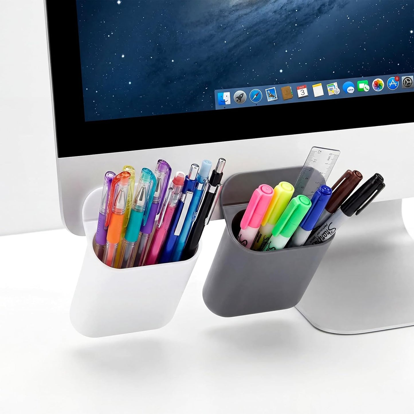 Resurhang 6 Pcs Monitor Pen Pencil Holders Screen Pen Holder Computer Monitor Pencil Holder Desktop Accessories Self Adhesive Table Side Desk Organizer for Office Classroom Gadget Storage(Gray, White)