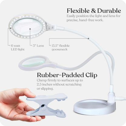 Brightech LightView Pro Flex 2 in 1 Magnifying Desk Lamp, 2.25x Light Magnifier, Adjustable Gooseneck Magnifying Glass with Light for Crafts, Reading, Close Work