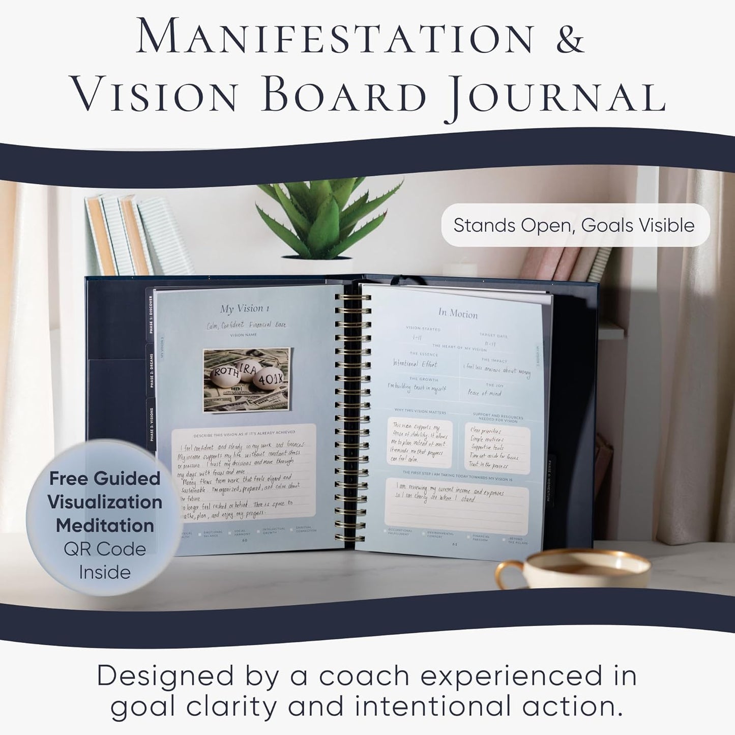 Vision Board Kit & Guided Manifestation Journal | Goal Planner & Habit Tracker, Self Care & Reflection Tools | Undated Vegan Leather Hardcover | Visions in Motion Portable Vision Board