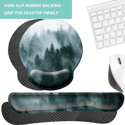 Keyboard Wrist Rest Pad Mouse Pad with Wrist Support Set of 3, Mousepad with Non-Slip Rubber Base, Ergonomic Memory Foam Mouse Wrist Cushion Support for Home Office Laptop Computer Gaming, Forest