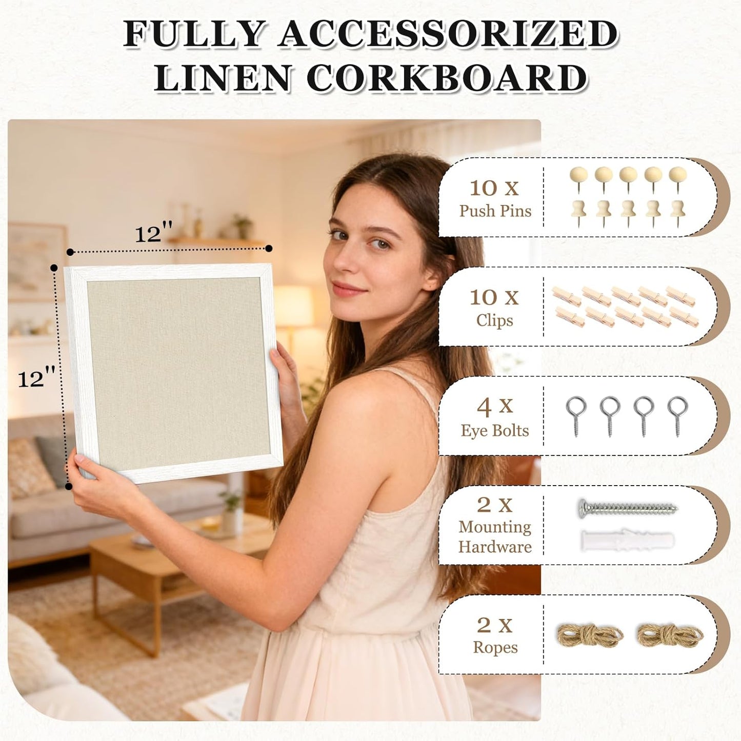 DOLLAR BOSS Bulletin Boards with Linen 1-Pack 16''X 12'' Double-Sided Cork Board for Walls Wood Framed Bulletin Boards, Small Pin Board for Home Kitchen Office Decorative Hanging 10 Pushpins