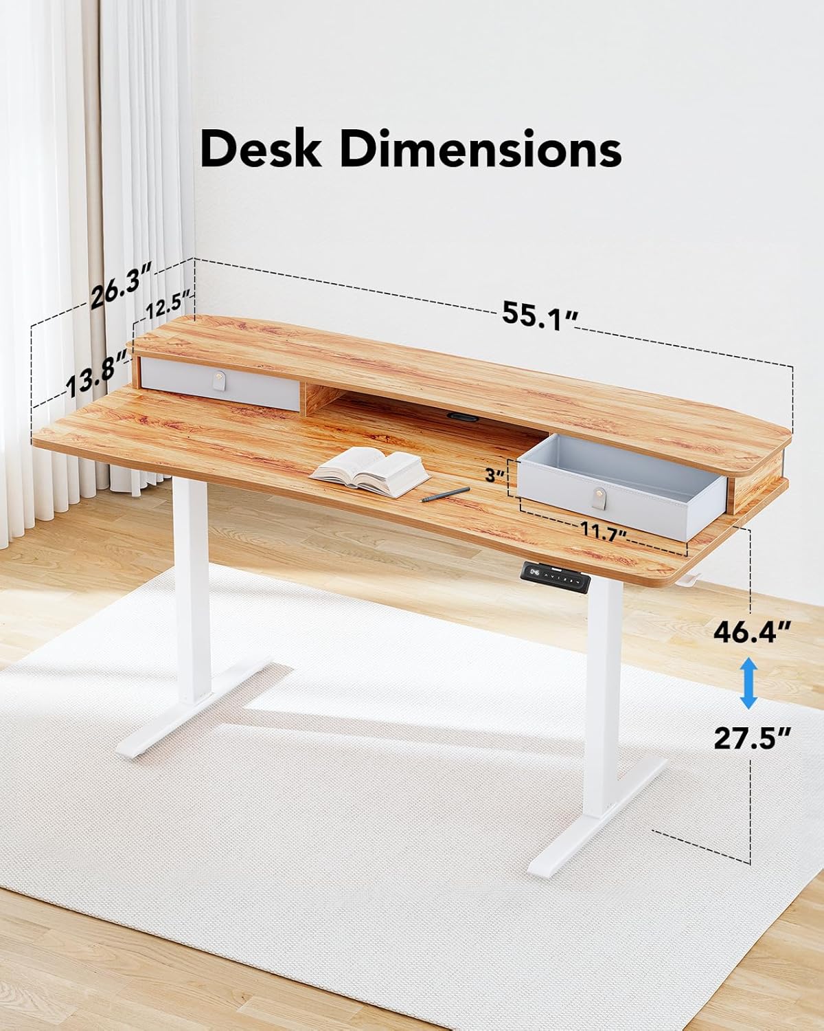 HUANUO 48″ x 24″ Electric Standing Desk with 2 Drawers, C-Clamp Mount Compatible, Height Adjustable Computer Desk, Home Office Stand Up Desk with 4 Preset Heights & 2 Hooks, Black