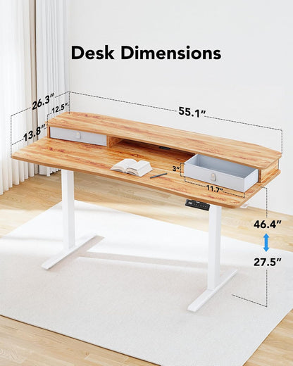 HUANUO 48″ x 24″ Electric Standing Desk with 2 Drawers, C-Clamp Mount Compatible, Height Adjustable Computer Desk, Home Office Stand Up Desk with 4 Preset Heights & 2 Hooks, Black