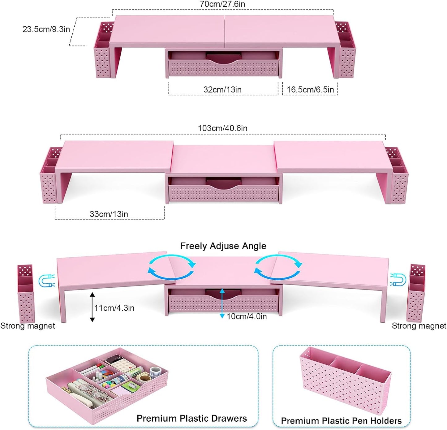 Spacrea Metal Desk Organizers and Accessories, Dual Monitor Stand Riser with Drawer and 2 Pen Holders, Desk Accessories & Workspace Desktop Organizers for Office Supplies (Wood)