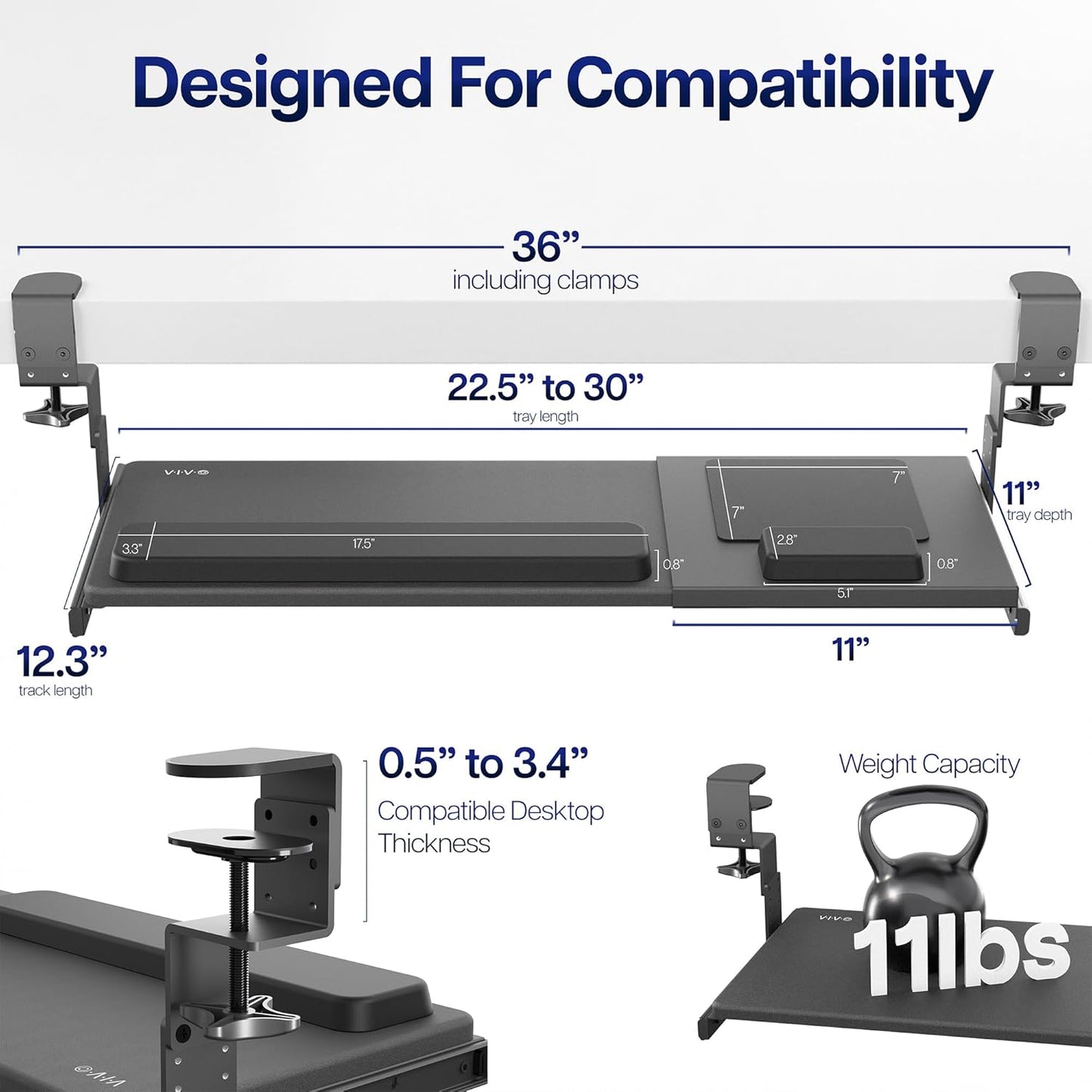VIVO Large Height Adjustable Under Desk Keyboard Tray, C-clamp Mount System, 27 (33 Including Clamps) x 11 inch Slide-Out Platform for Typing, White, MOUNT-KB05HW