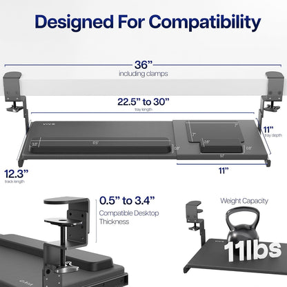 VIVO Large Height Adjustable Under Desk Keyboard Tray, C-clamp Mount System, 27 (33 Including Clamps) x 11 inch Slide-Out Platform for Typing, White, MOUNT-KB05HW