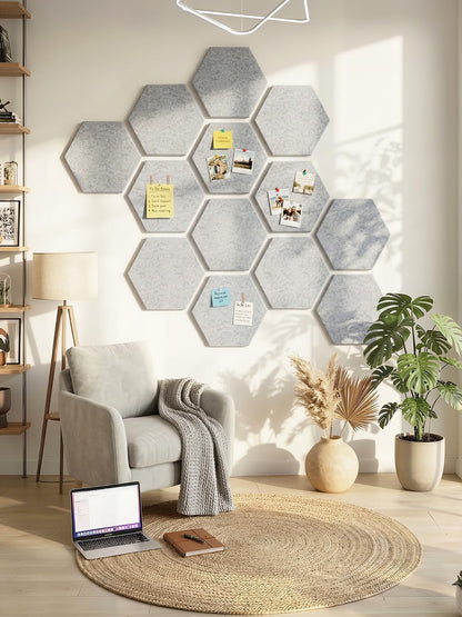 8 Pack Hexagon Felt Bulletin Board Tiles - 12" Large Thick Pin Board for Walls with 30 Push Pins, DIY Boards for Office Home School Decor, Aesthetic Hex Cork Board Alternative