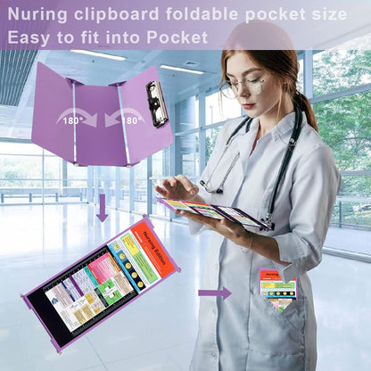 Foldable Nursing Clipboard with Storage - Portable & Compact Medical Clipboard for Nurses, Doctors, and Students - Includes Medical Reference Cheat Sheets and Pen Holder(Purple)