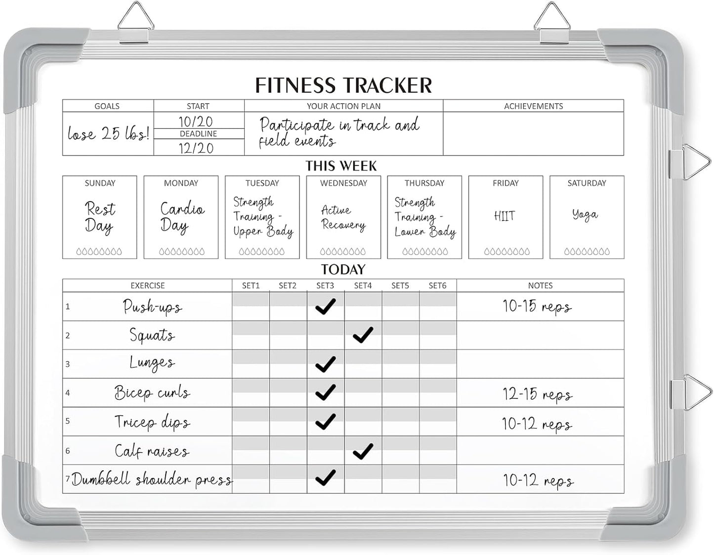 Lincia 16 x 12 Inch Fitness Tracker Whiteboard Workout Calendar for Home Gym Dry Erase Planner Hanging Removable to Do List for Wall Whiteboard with Aluminum Frame for Gym Program(Style A)