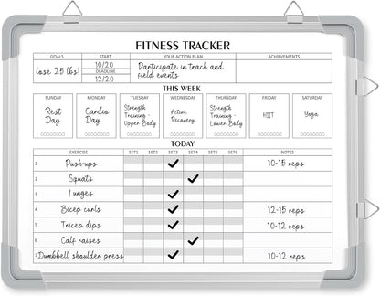 Lincia 16 x 12 Inch Fitness Tracker Whiteboard Workout Calendar for Home Gym Dry Erase Planner Hanging Removable to Do List for Wall Whiteboard with Aluminum Frame for Gym Program(Style A)