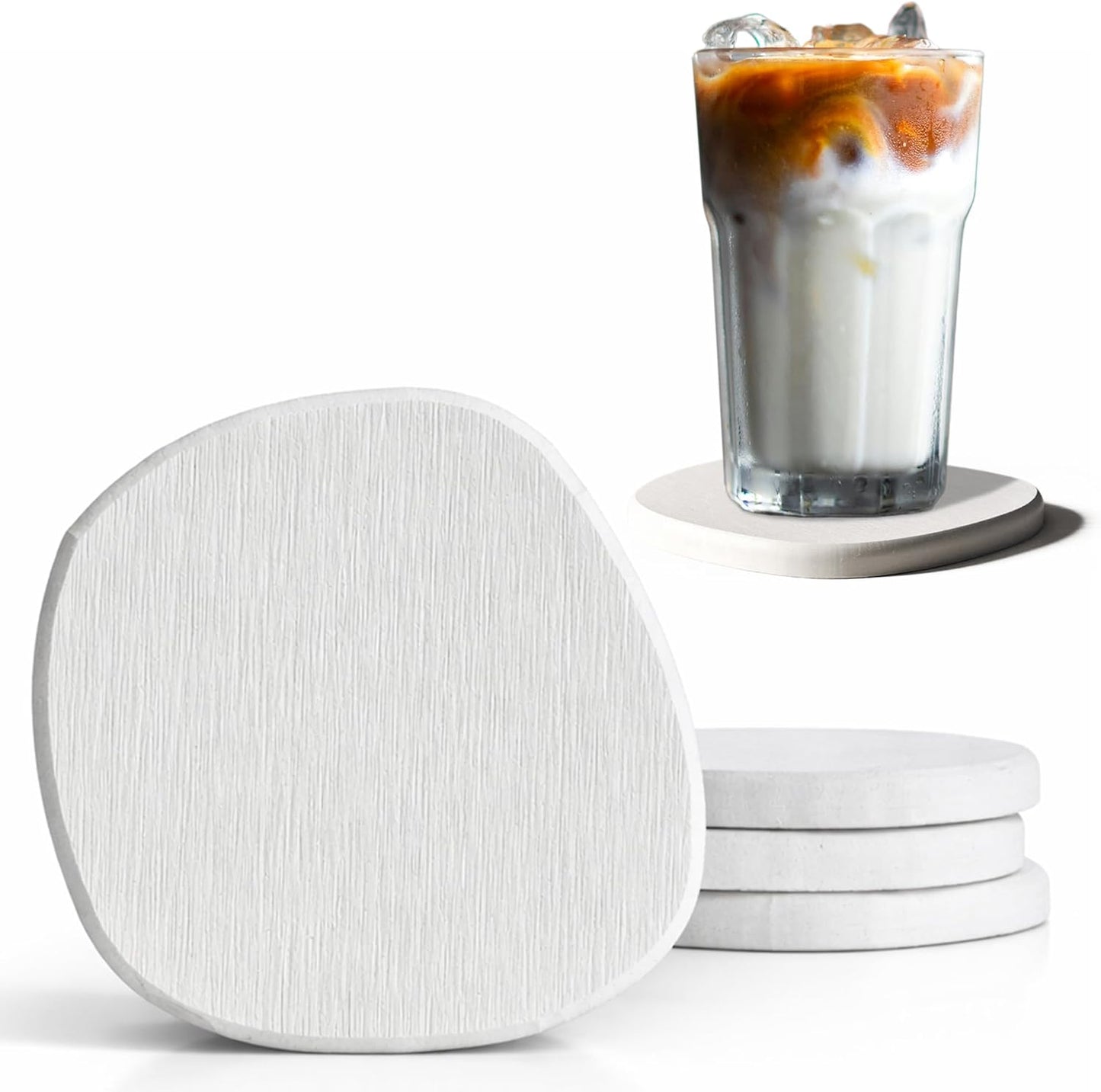 Diatomaceous Earth Coasters Set of 2 for Drinks, Moisture Water Absorbent Stone Coasters for Table Desk at Work, Water Absorbing Instant Drying Diatomite, Modern White