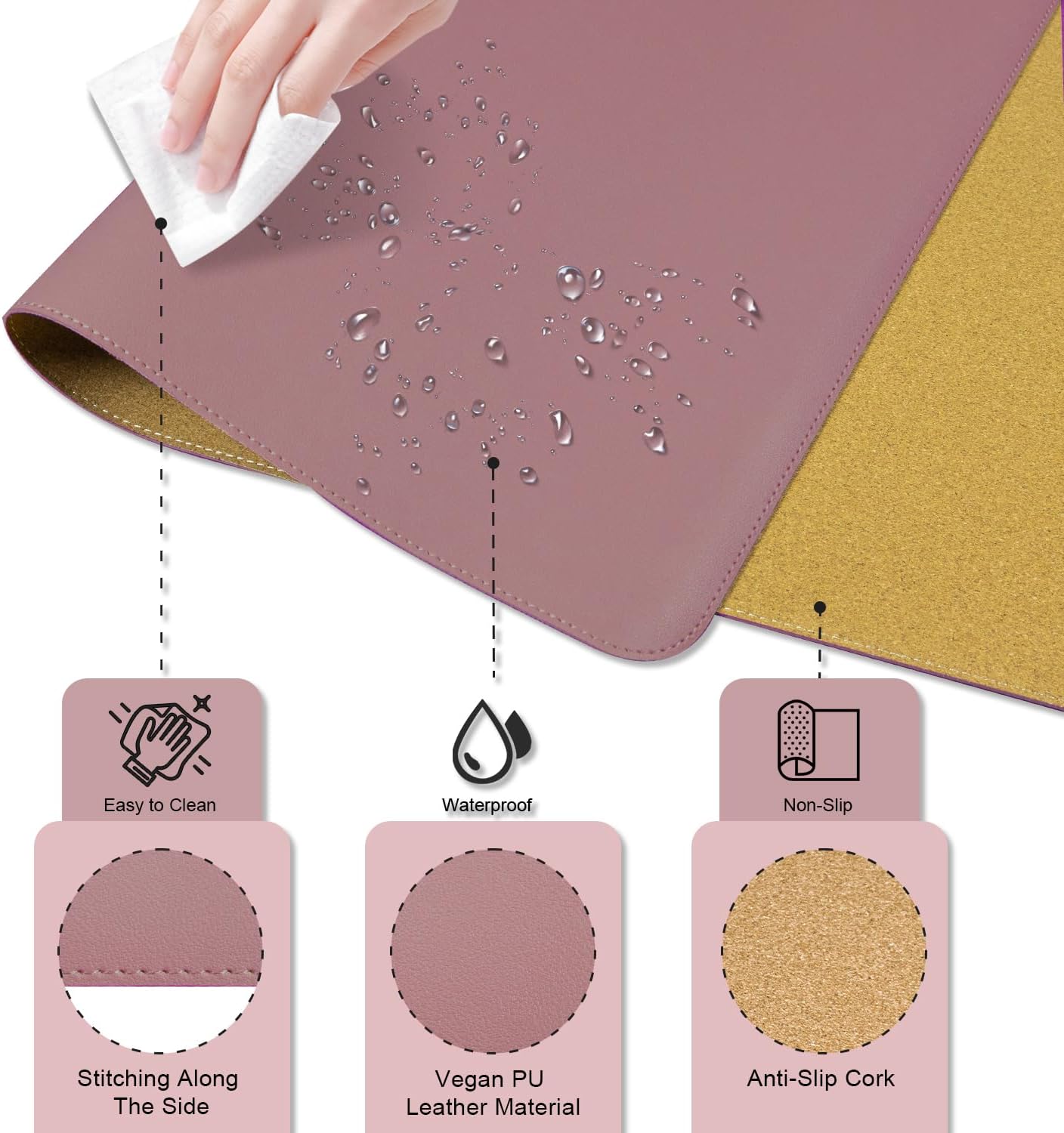Non Slip Desk Mat, 31.5" x 15.7" PU Leather Desk Pad, Cork Desk Mat for Desktop, Desk Pad for Keyboard and Mouse, Ideal for Office and Home, Black