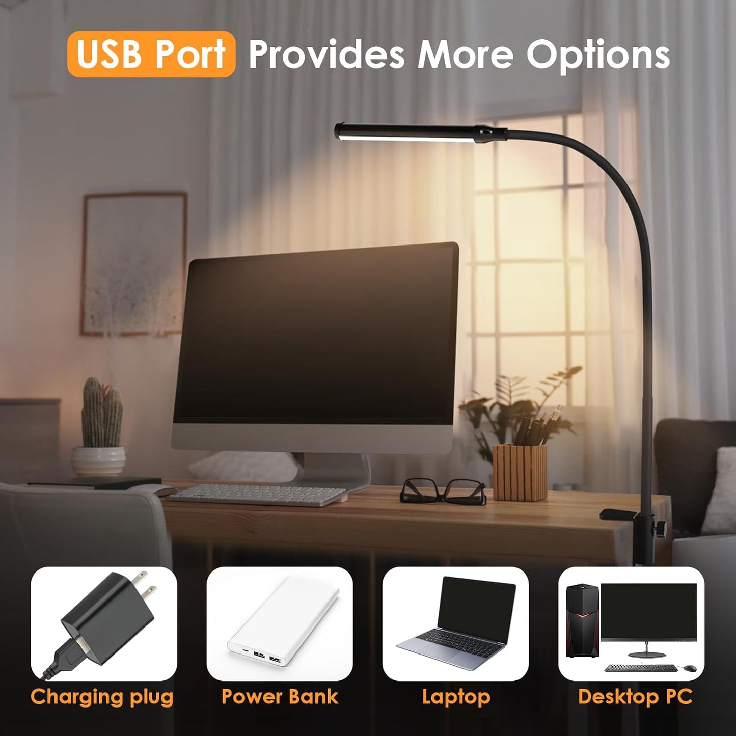 ShineTech LED Desk Lamp with Clamp, Eye-Caring Clip on Desk Light with 3 Color Modes & Stepless Dimming, 360° Flexible Gooseneck Desk Lamp for Home Office College Dorm with USB Adapter