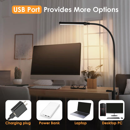 ShineTech LED Desk Lamp with Clamp, Eye-Caring Clip on Desk Light with 3 Color Modes & Stepless Dimming, 360° Flexible Gooseneck Desk Lamp for Home Office College Dorm with USB Adapter