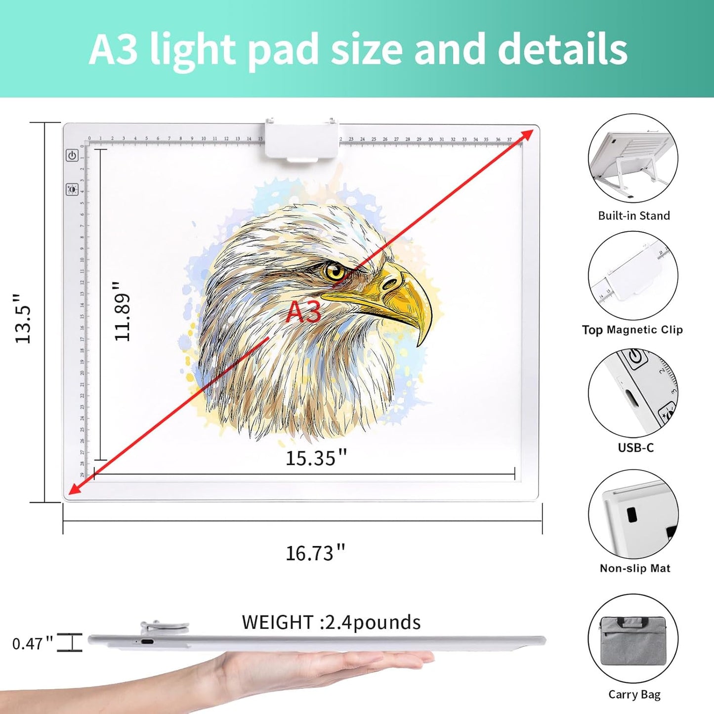 Rechargeable A4 Light Pad - Stepless Dimmable 6 Levels Brightness Tracing Light Box, Diamond Painting Light Board with Top Clip, Battery Powered Portable Light Pad for Weeding Vinyl Tracing