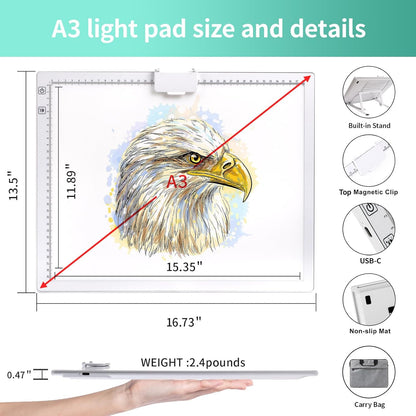 Rechargeable A4 Light Pad - Stepless Dimmable 6 Levels Brightness Tracing Light Box, Diamond Painting Light Board with Top Clip, Battery Powered Portable Light Pad for Weeding Vinyl Tracing