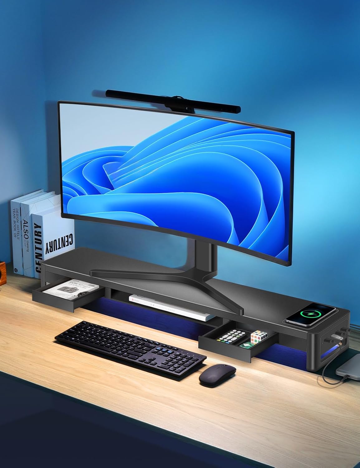 meatanty 3 In 1 Monitor Stand Riser with 2 Drawers,1 Wireless Charging Module and 4 USB Ports,Metal Computer Stand Support Transfer Data & Charging,Desk Organizer for PC,iMac (21 inches)