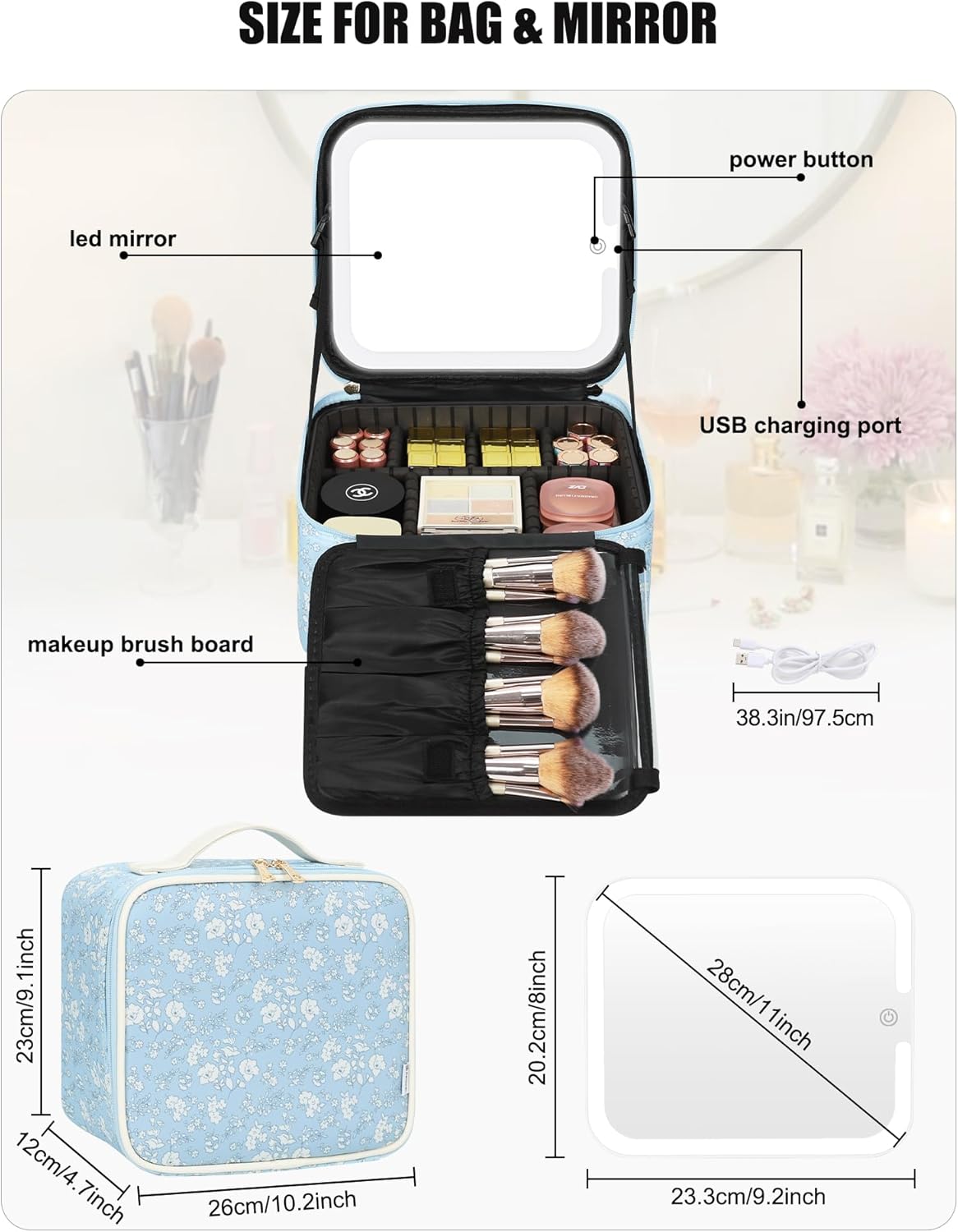 Relavel Travel Makeup Bag With LED Mirror, Cosmetic Train Case with Light up Mirror, Portable Makeup Artist Organizer Bag with Adjustable Dividers, Makeup Brush Holder Storage, Black