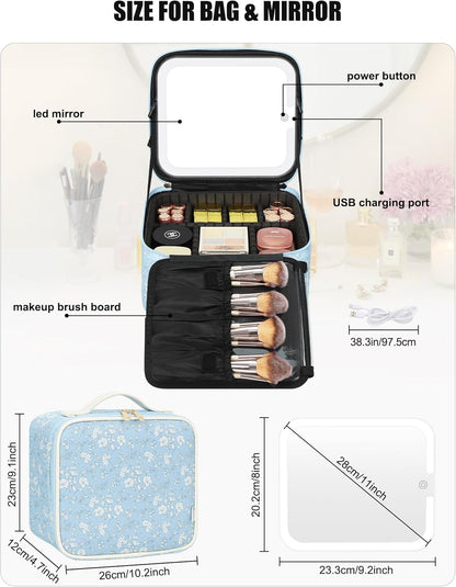 Relavel Travel Makeup Bag With LED Mirror, Cosmetic Train Case with Light up Mirror, Portable Makeup Artist Organizer Bag with Adjustable Dividers, Makeup Brush Holder Storage, Black
