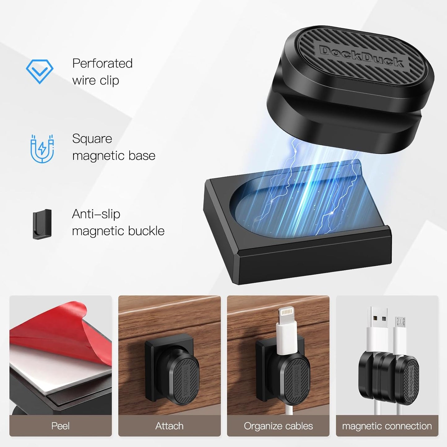 3-Pack Magnetic Cable Clips, Detachable Cable Organizer with Auto Snap-and-Go Design, Universal Wire Management for Round & Flat Cables, Self-Adhesive Cord Holder for Desk, Nightstand, Office & Car