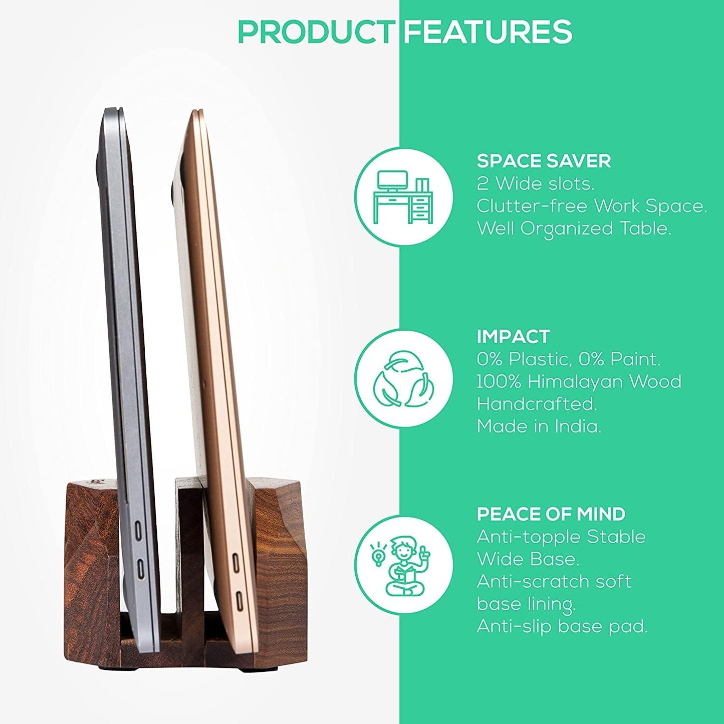 Premium Vertical Laptop Stand – Wooden Dock Compatible MacBook & Laptops | Dual Dock Slot | Ergonomic Desktop Holder & Space-Saving Office Desk Accessory (Indian Rosewood)
