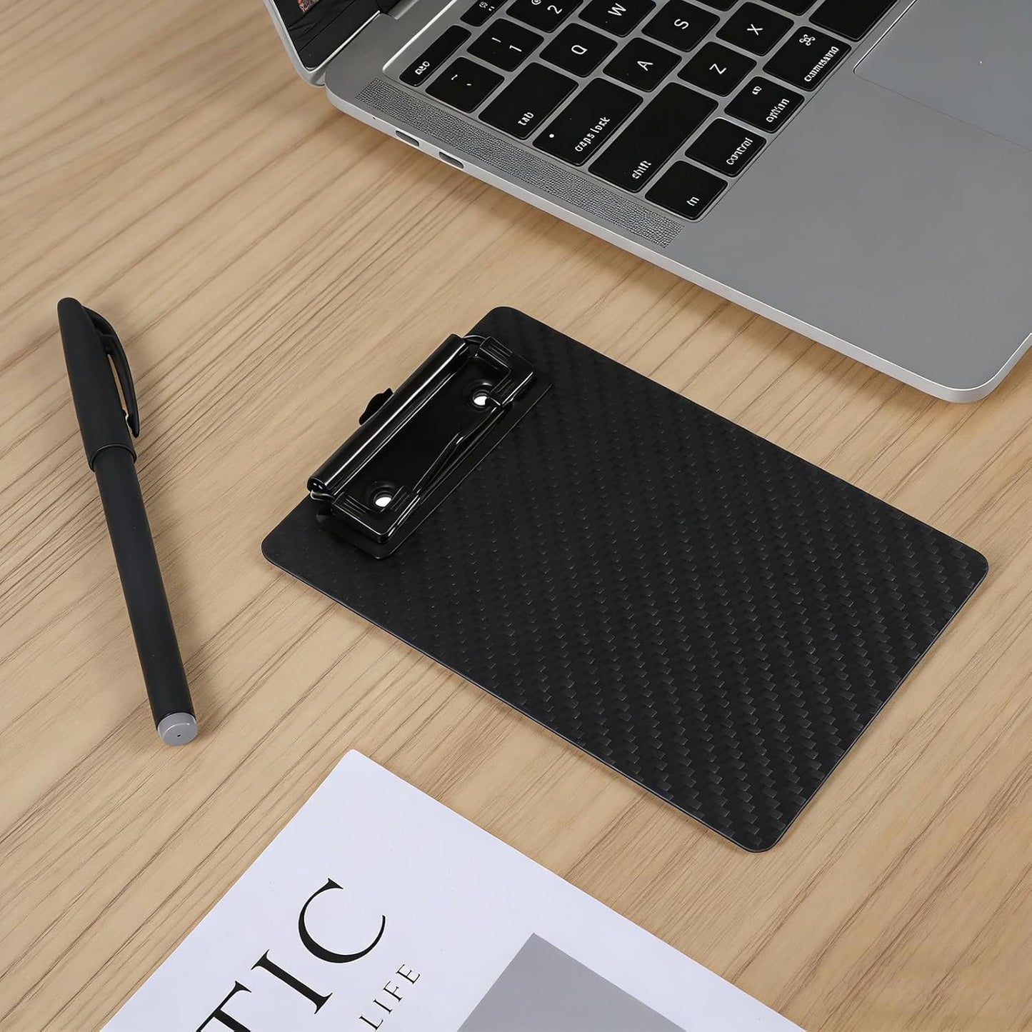 Small Clipboard 4x6Inch Mini Pocket Clipboard Memo Size for Note Taking, Ultra-Light Carbon Fiber with Storage Hanging Loop for Restaurants Work Nurse Office Supplies(Black)