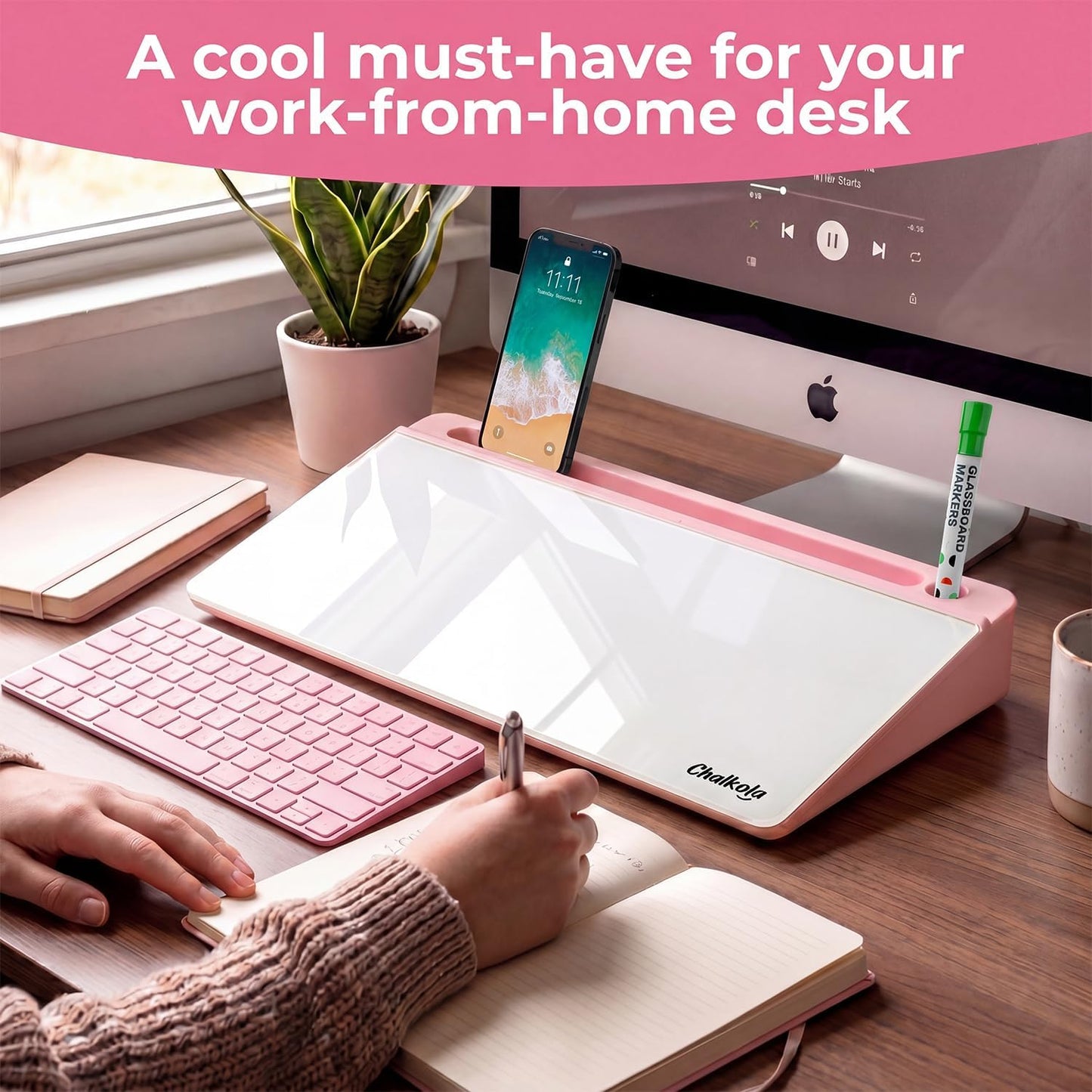Chalkola Pink Glass Desktop Whiteboard with Storage - Dry Erase Board, Work Desk Organizers, Computer Keyboard Stand, Home Office Desk Accessories, Workspace Desktop Buddy