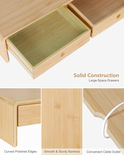 Ufine Bamboo Monitor Stand with 2 Drawers Desktop Organizer Computer Screen Laptop Riser Ergonomic Height for Home Office