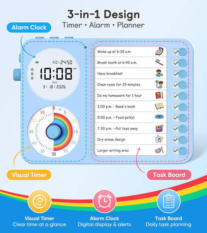 3-in-1 Visual Timer & ADHD Tool for Kids – ADHD Task Timer for Adults with Visual Schedule, Chore Chart & Planning Board for Home, School, Classroom, Work (White)