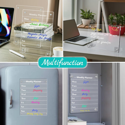 2PCS Clear Acrylic Weekly Dry Erase Board Desktop, 8x6 Small Magnetic Whiteboard with Stand for Table Calendar Memo Board for Fridge, Office, School, Home