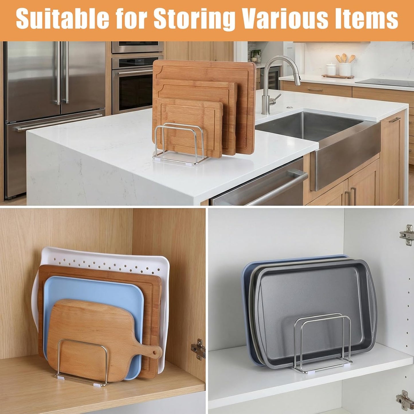 2-Pack Cutting Board Holder Stand 304 Stainless Steel Cutting Board Racks Organizer 4-Tier Chopping Boards Storage Cookie Sheet Baking Sheet Baking Trays,Chopping Boards,Dish 0.9+1.0 Inch Width Slots