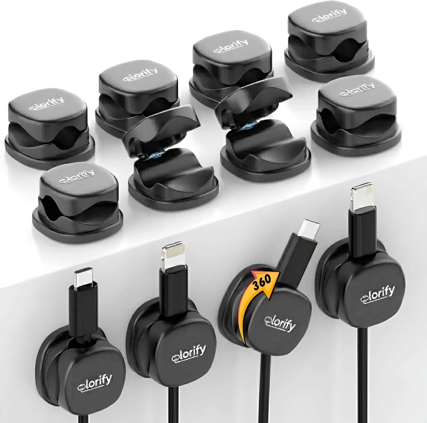 8 Pack Spring Cord Holder Clips [360° Rotatable, 1-Hand Use] — Adhesive Cable Clips for Nightstand, Desk, Wall & Kitchen | Phone Charger Cord Holder | No-Residue | Fits 2.5–8mm Cables