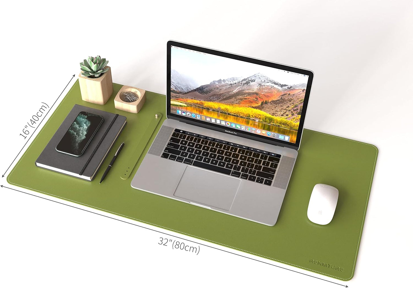 RENMTURE Dual-Sided Mouse Pad, Natural Cork & PU Leather Large Desk Pad for Office and Home Work, Desk Protector Non-Slip, Waterproof, Easy Clean (Olive Green, 32"x16")