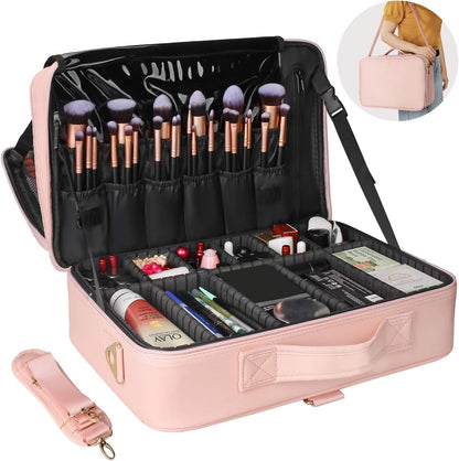 Relavel Makeup Case Large Makeup Bag Professional Train Case 16.5 inches Travel Cosmetic Organizer Brush Holder Waterproof Makeup Artist Storage Box, 3 Layer Large Capacity, with Adjustable Strap